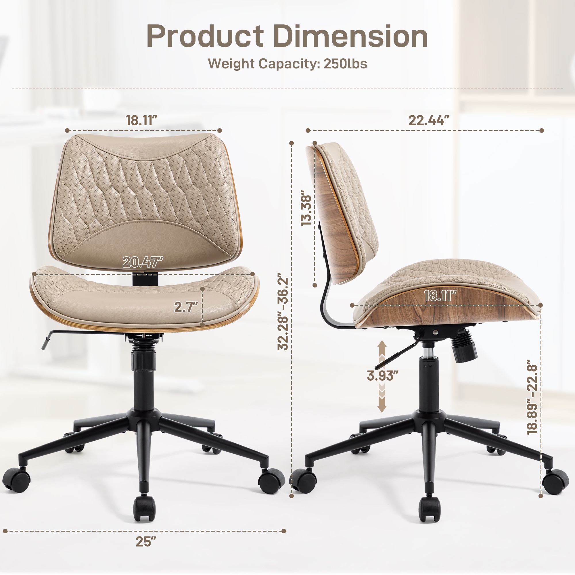 Armless Office Chair With Wheels, Adjustable Height Mid Back Small Desk Chair, Modern Walnut Bentwood Back, PU Leather Swivel Rolling Computer Task Chair For Home Office, Meeting Room, Study, Set Of 1_voghion.com